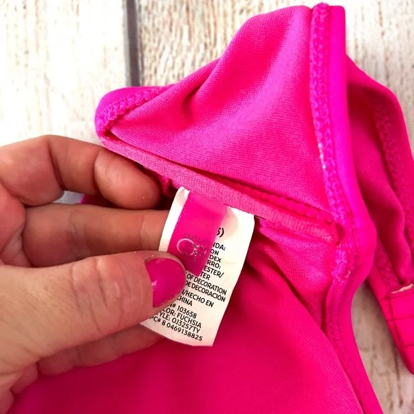 Op Women’s Hot Pink Laser Cut Eyelet Ruffle Halter Neck Bikini Top L - Picture 7 of 8